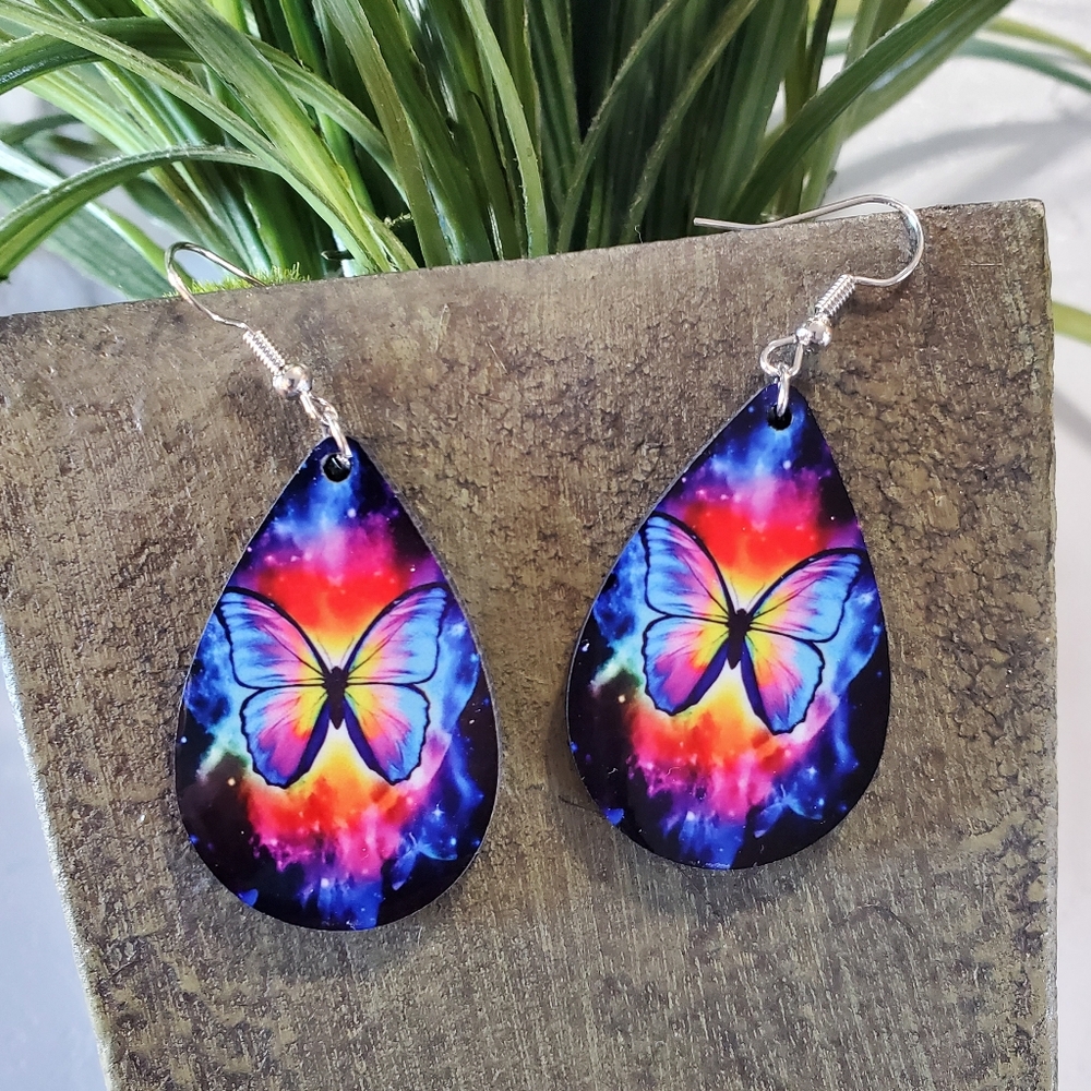 Rainbow Butterfly Teardrop Earrings